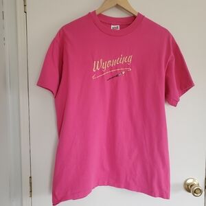 Vintage Tee Women's L Pink Wyoming Spell Out Embroidered